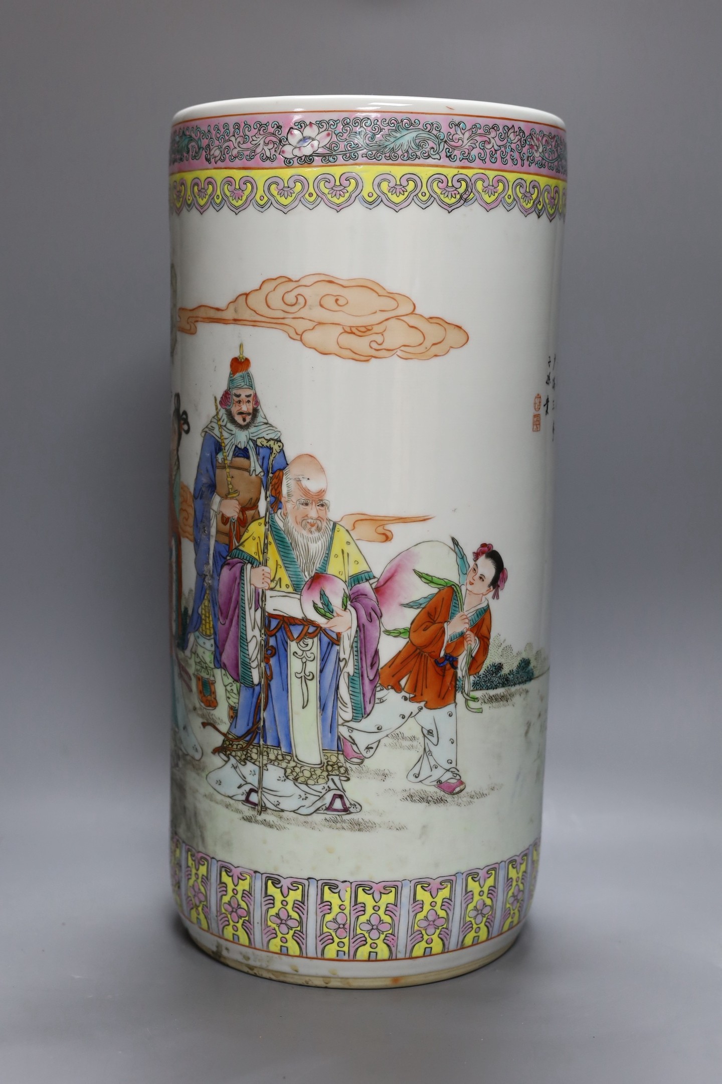 A Chinese Republic period ceramic umbrella stand, signed, 45.5 cms high